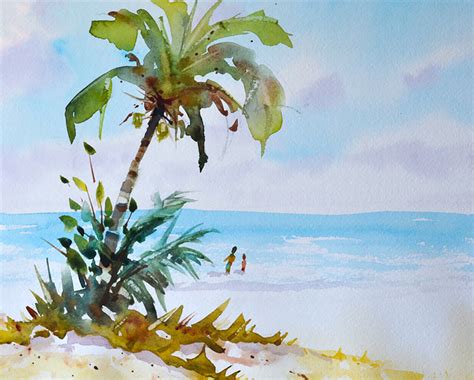 Watercolor Lesson Beach Scene and Palm Tree - P.J. Cook Artist Studio