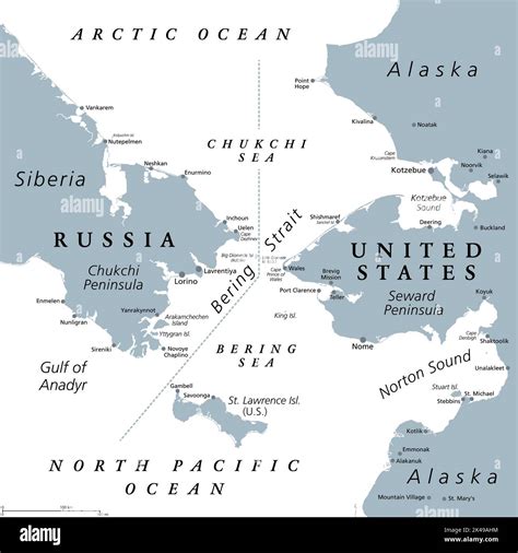 Bering Strait, gray political map. Strait between the North Pacific ...