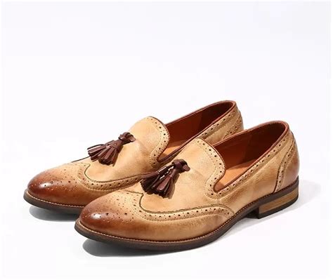 Brogue shoes men slip on genuine leather summer flats loafers tassels ...