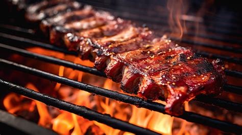 Premium AI Image | Smoked BBQ Ribs on Grill Egg Smoker Close Up AI Generative