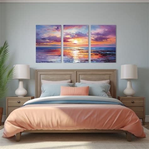 Triptych Sunset Ocean Canvas Wall Art Set of 3, Vibrant Living Room Bedroom Decor, Modern ...