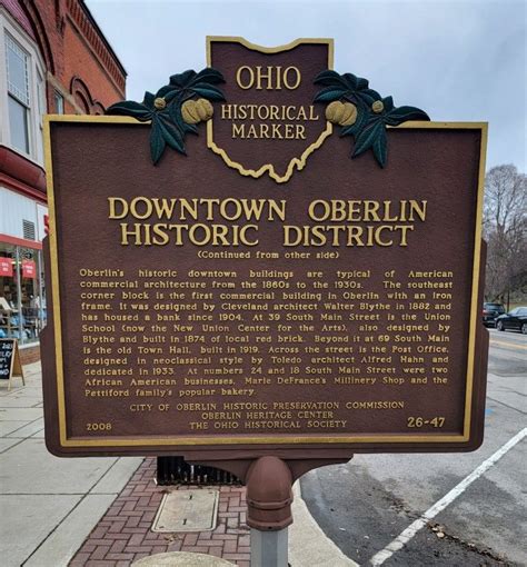 Downtown Oberlin Historical District (side 2) in 2023 | Lorain county, Historical marker, Oberlin