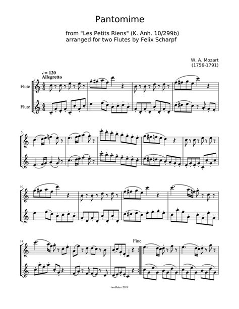 Mozart, - "Pantomime" from K. Anh. 10/ 299b for two Flutes Sheet music ...