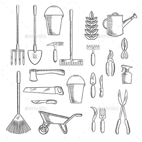 Gardening Tools Sketches for Farming Design - Flowers & Plants Nature ...