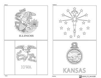 50 State Flag Color Sheets with US Map (marked state capitals) [Learn to Wander]