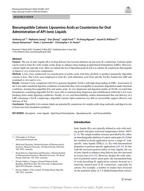 (PDF) Biocompatible Cationic Lipoamino Acids as Counterions for Oral Administration of API-Ionic ...