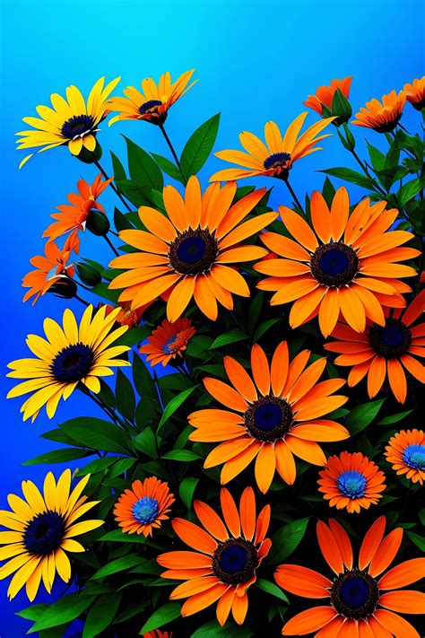 Hay muchas flores de diferentes colores que se encuentran en la imagen., Naranja and blue colors ...