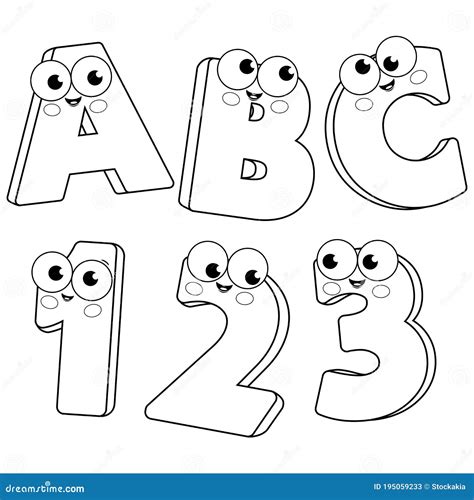 Cartoon Letters And Numbers. Vector Black And White Coloring Page | CartoonDealer.com #195059233