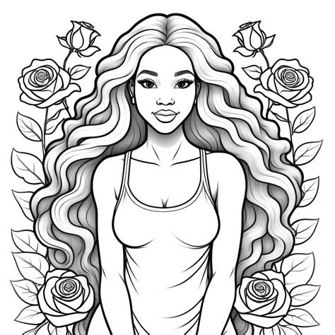 African American Women Coloring Page Goddess of Happiness with Flowers | MUSE AI