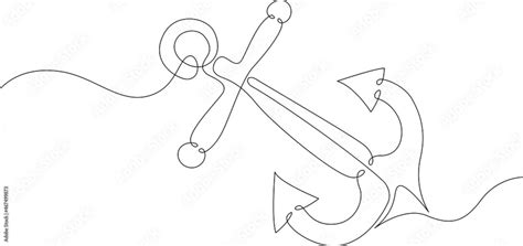 Large sea anchor of the ship.Set of sea ocean elements.One continuous line .One continuous ...