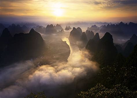 landscape, road, sky, river, mountains, town, mist, China, nature ...