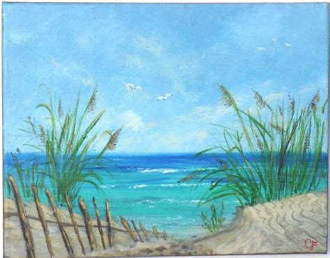 Tropical beach ocean painting with turquoise water sand dunes sea grass fence and seagulls ...