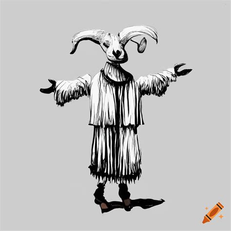 Romanian goat dance costume depicted in black and white crayon drawing