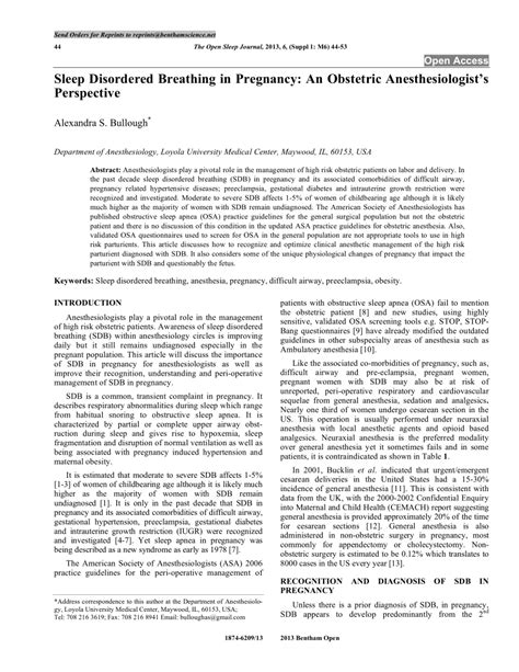 (PDF) Sleep Disordered Breathing in Pregnancy: An Obstetric Anesthesiologist’s Perspective