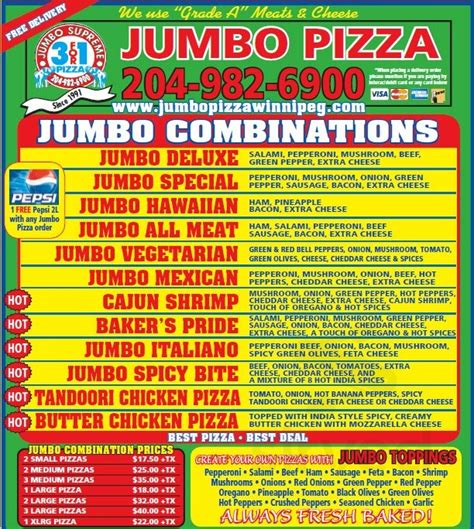 Jumbo pizza menu in Winnipeg, Manitoba, Canada