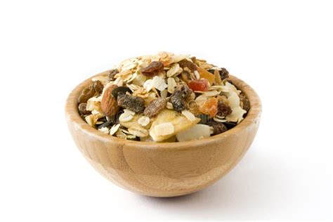 Muesli and Dried Fruit in Wooden Bowl Isolated Stock Image - Image of ...