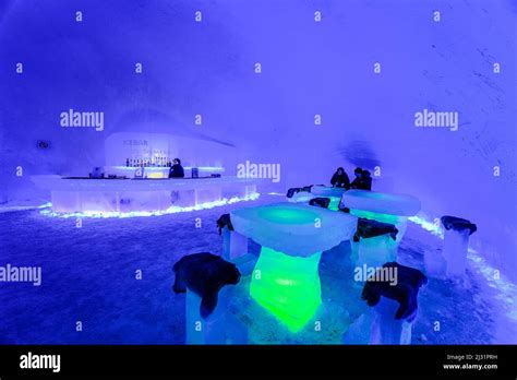 Hotel made of ice, bar at Arctic Snow Hotel, Rovaniemi, Finland Stock ...