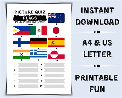 Printable Flags Quiz Name the Country Pub Quiz Picture Round Geography Trivia General Knowledge ...