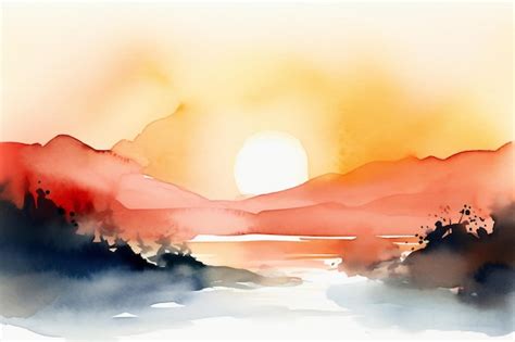 Premium Photo | A watercolor painting of a sunset with a mountain in ...