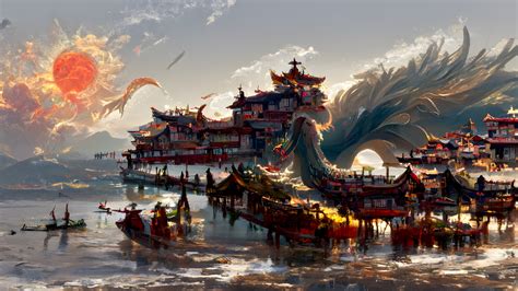 Download wallpaper 1920x1080 china's ancient town, dragon, fantasy, art, full hd, hdtv, fhd ...