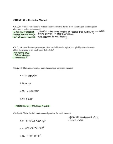 CHEM 101 Recitation Week 8 - CHEM 101 – Recitation Week 4 Ch. 3, 9. What is "shielding"? - Studocu