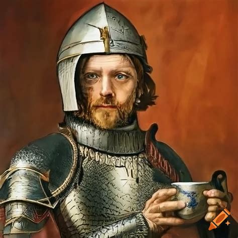 Hyper realistic illustration of a knight with a tea cup and sword
