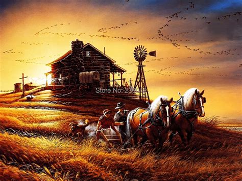 free shipping wheat harvest oil painting canvas prints on canvas pastoral scenery oil painting ...