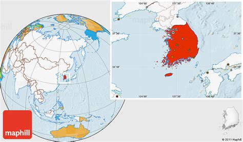 Political Location Map of South Korea, highlighted continent