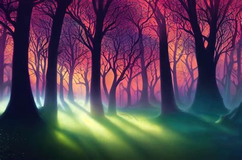 Fantasy magical fairy tale forest neon sunset rays of light through the trees digital art ...