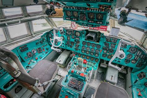 IL-62 cockpit. Aircraft interior, cockpit view inside the airliner. View from pilot place in a ...