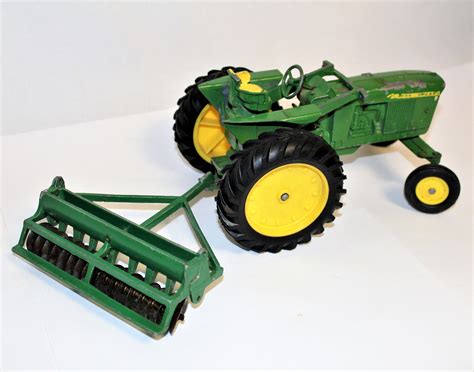 Vintage Toy Tractor, John Deere Tractor, and Plow, Tractor Decor, Little Green Tractor