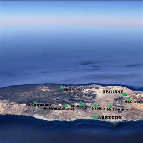 Google Earth photograph placing of studied Lanzarote Island volcanoes ...