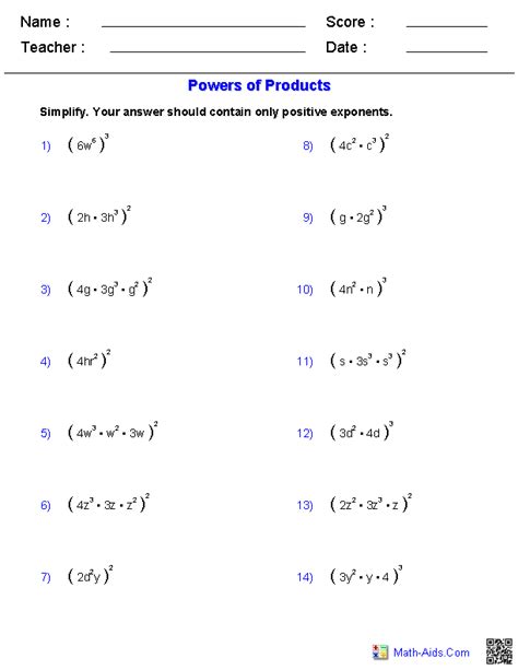 Product Rule Exponents Worksheet