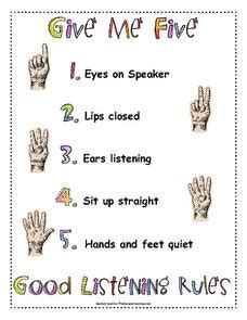 Give Me Five Poster (Good Listening Rules) Printables for Kindergarten ...