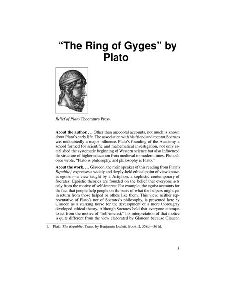 RING OF Gyges II ( Plato- Republic) - “The Ring of Gyges” by Plato Relief of Plato Thoemmes ...