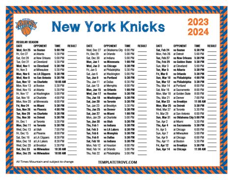 Printable 2023-2024 New York Knicks Schedule