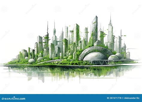 Futuristic City Sketch Drawing. Sustainable, Green Energy Concept ...