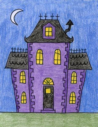 a drawing of a purple house with windows and a moon in the sky above it