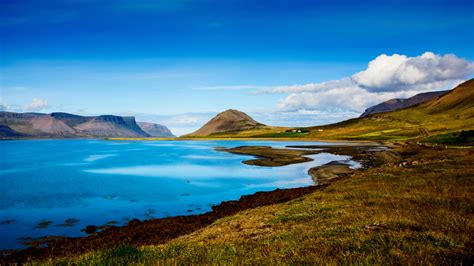 Download wallpaper 1366x768 beautiful lake and mountains, sunny day, landscape, iceland lake ...