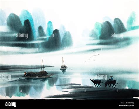 Chinese landscape watercolor painting Stock Photo - Alamy