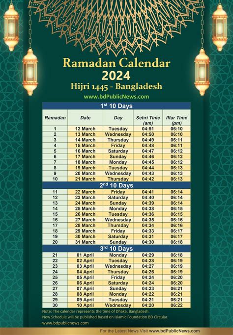 Ramadan Calendar 2024 Bangladesh with Sehri and Iftar Time - Islamic ...