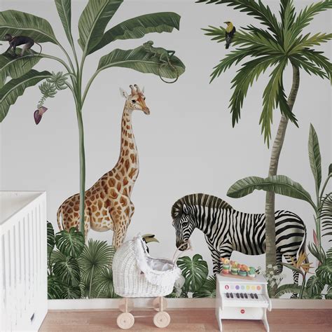 Exotic Animals wall mural in a tropical jungle. Kids wallpapers