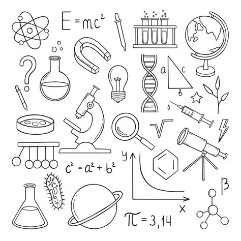 Set of Education and Science doodle. Formulas in physics, mathematics and chemistry, laboratory ...