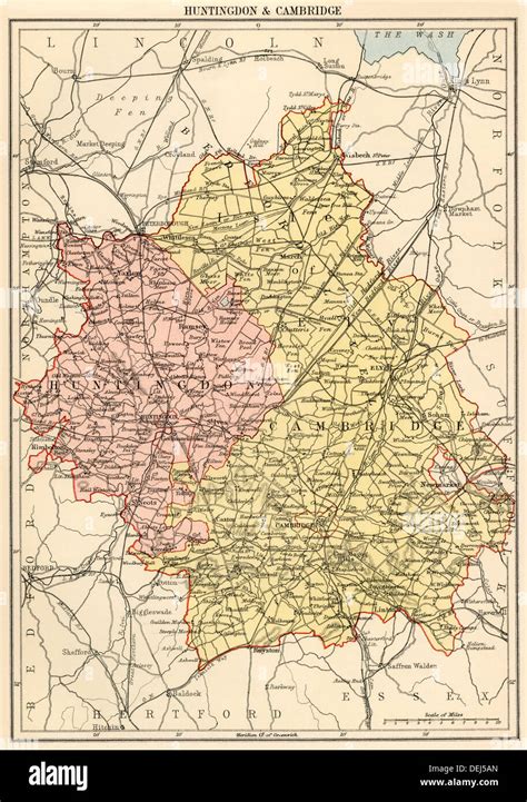 Map of Huntingdonshire and Cambridgeshire, England, 1870s. Color lithograph Stock Photo - Alamy