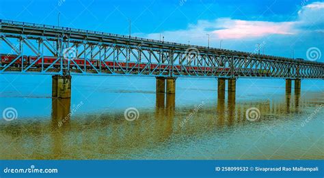 Train Passes through Road Railway Bridge Over the Godavari River, Rajahmundry, Andhrapradesh ...