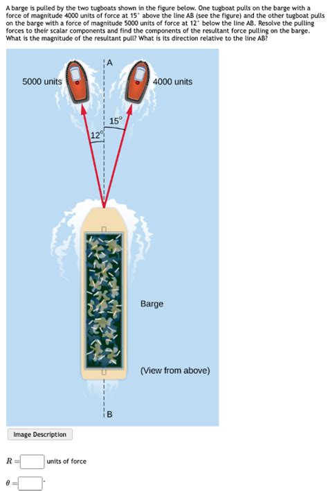 [Solved]: A barge is pulled by the two tugboats shown in th