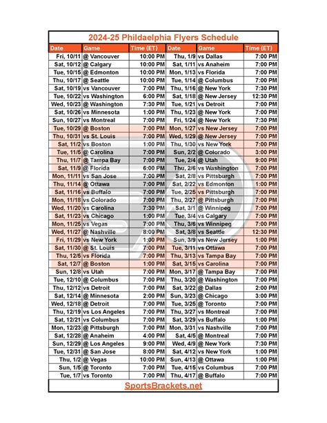 2024-25 Philadelphia Flyers Schedule; Printable, PDF Format - Sports ...