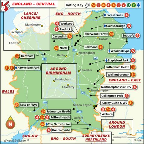 England Central Golf Map with Top Golf Courses