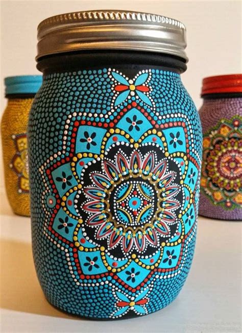 Hand Painted Jar with lid Blue mandala design OOAK Vase keepsake jar | Painting glass jars ...