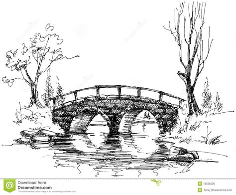 Illustration about A sketch of landscape with bridge over river ...